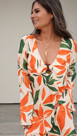 Orange/Green Botanical Long Sleeve Dress