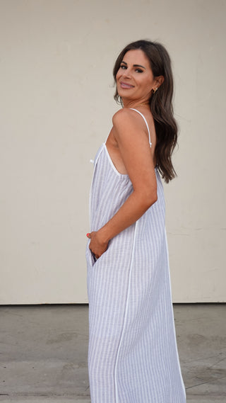 Blue Striped Sleeveless Midi Dress