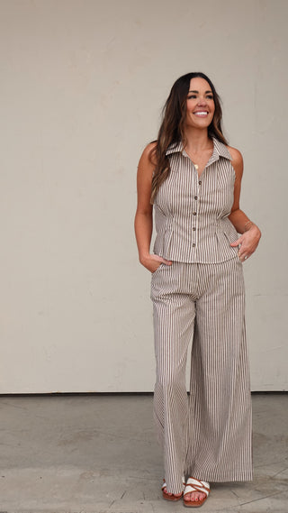 Brown Striped Sleeveless Button-Down