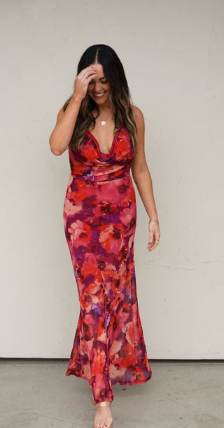 Floral Mesh Halter Maxi Dress