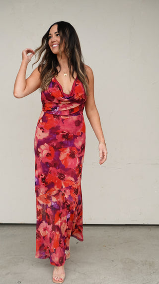 Floral Mesh Halter Maxi Dress