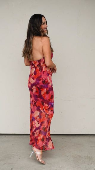 Floral Mesh Halter Maxi Dress