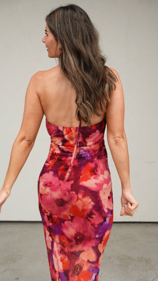 Floral Mesh Halter Maxi Dress