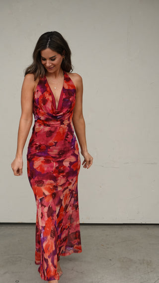 Floral Mesh Halter Maxi Dress