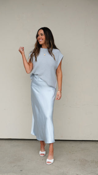 Cloud Blue Satin Midi Skirt