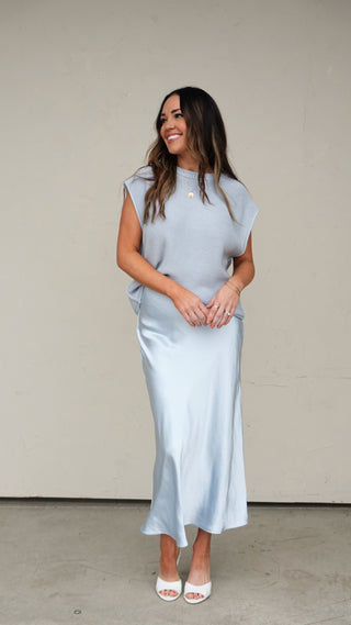 Cloud Blue Satin Midi Skirt