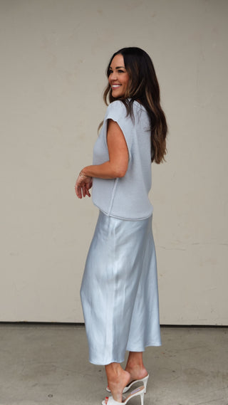 Cloud Blue Satin Midi Skirt