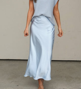 Cloud Blue Satin Midi Skirt