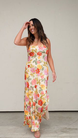 Floral Satin Strapless Maxi Dress