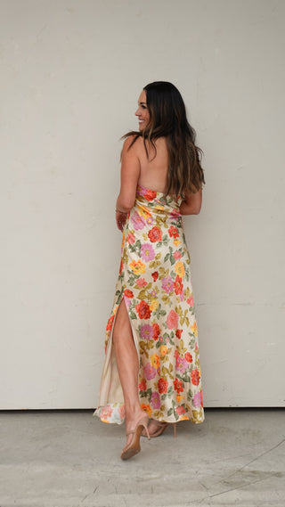 Floral Satin Strapless Maxi Dress