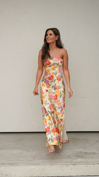 Floral Satin Strapless Maxi Dress