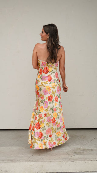 Floral Satin Strapless Maxi Dress