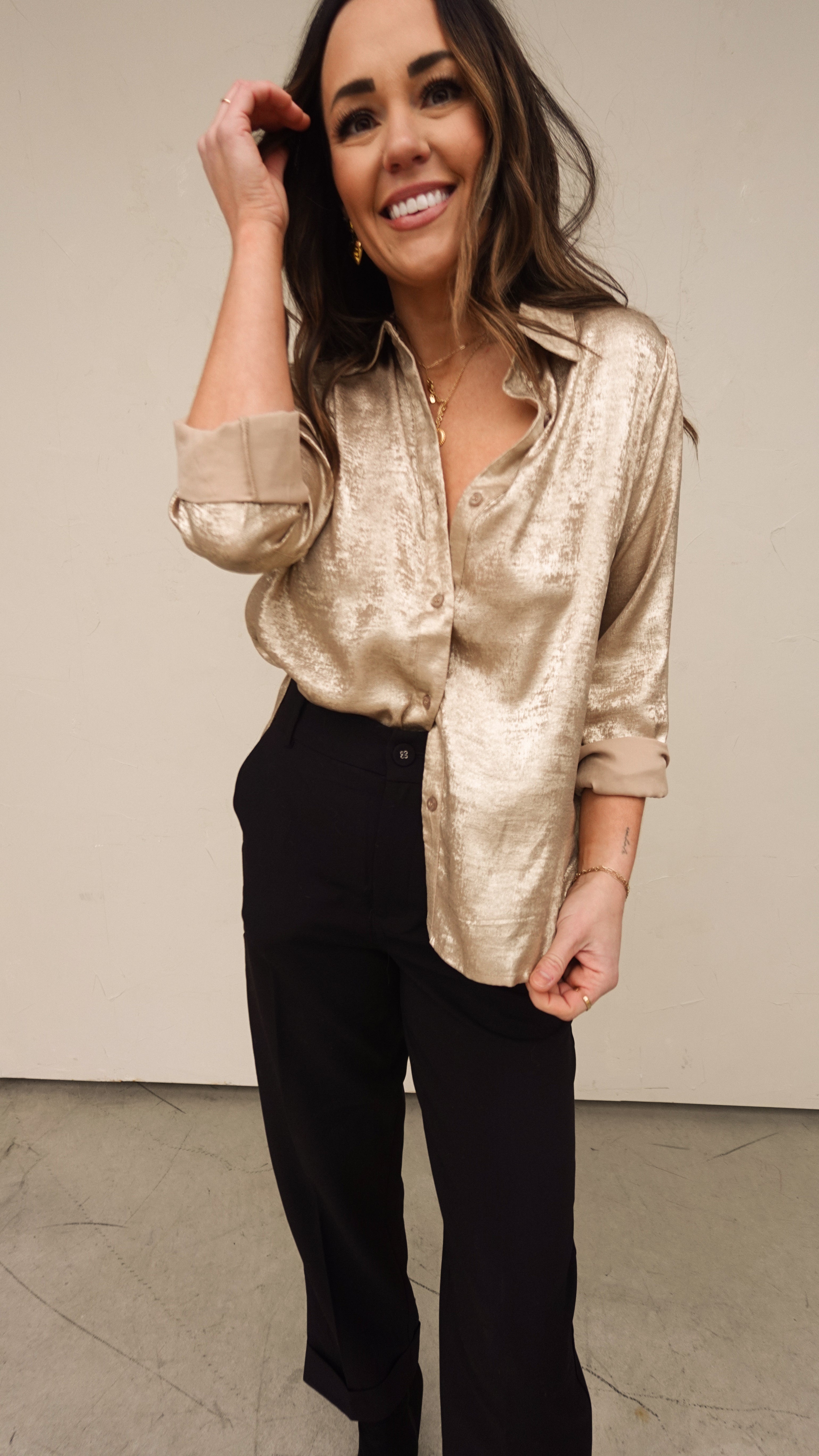 gold satin button up