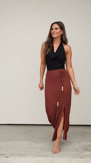 Brown Textured Midi Skirt with Beading