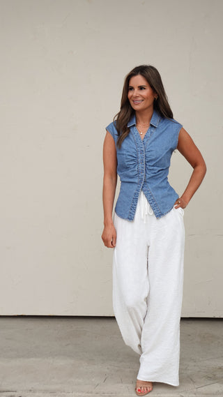 Denim Button-Front Sleeveless Top