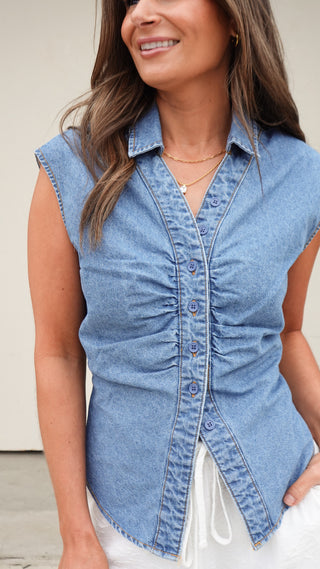 Denim Button-Front Sleeveless Top