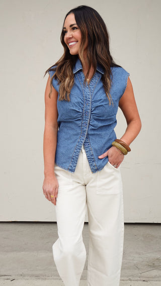 Denim Button-Front Sleeveless Top