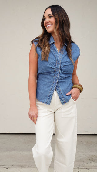 Denim Button-Front Sleeveless Top