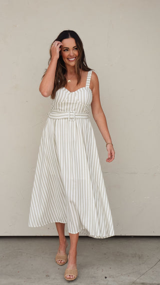Green Stripe Belted Midi Dress