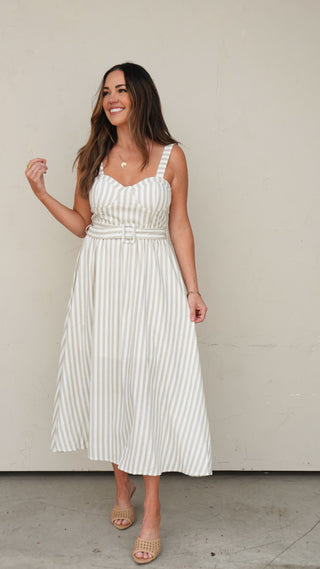 Green Stripe Belted Midi Dress