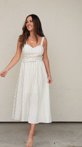 Green Stripe Belted Midi Dress