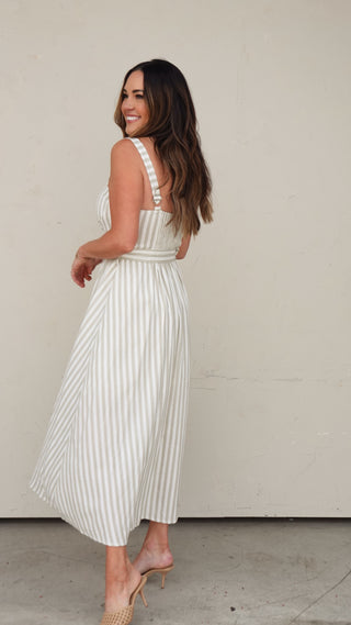 Green Stripe Belted Midi Dress