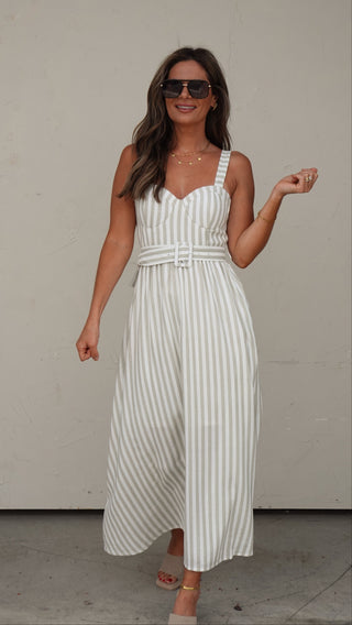 Green Stripe Belted Midi Dress