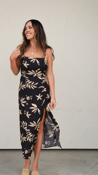 Black Tropical Print Midi Dress