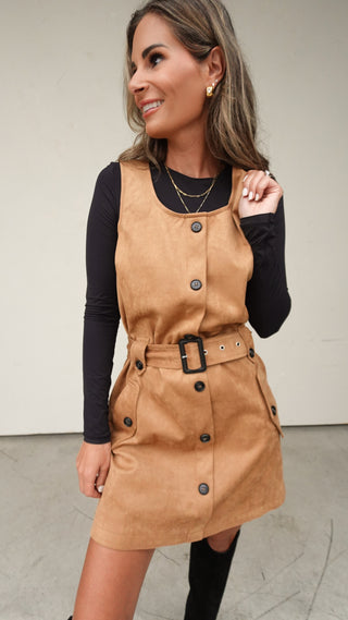 Camel Suede Belted Dress