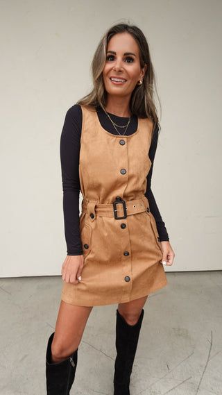 Camel Suede Belted Dress