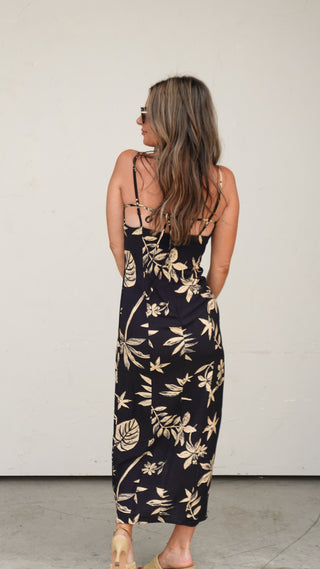 Black Tropical Print Midi Dress
