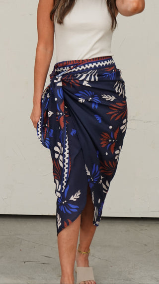 Navy Printed Wrap Skirt