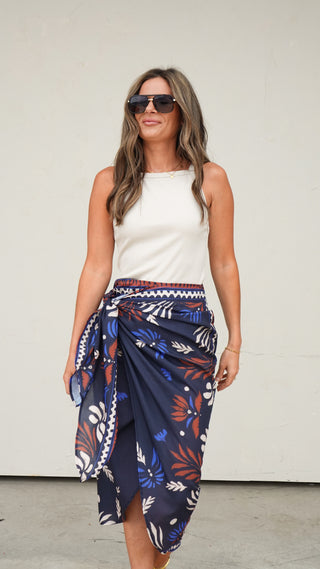 Navy Printed Wrap Skirt