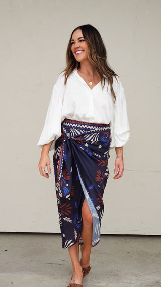 Navy Printed Wrap Skirt