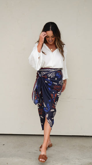 Navy Printed Wrap Skirt