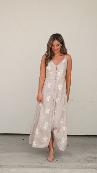Taupe Embroidered Button-Front Tiered Dress