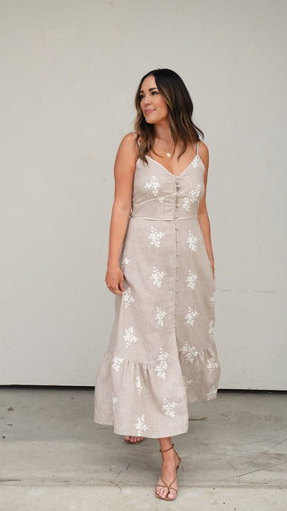Taupe Embroidered Button-Front Tiered Dress