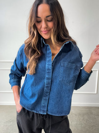 Dark Wash Cropped Denim Shirt
