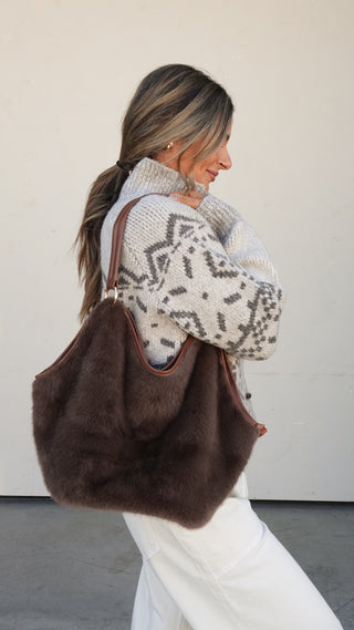 Coffee Faux Fur Shoulder Bag