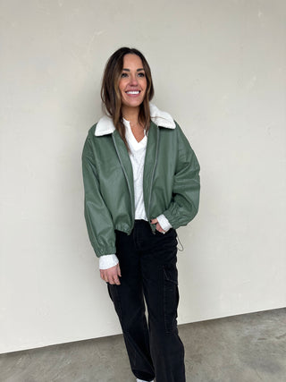 Green Faux Leather Bomber Jacket with Fleece Collar