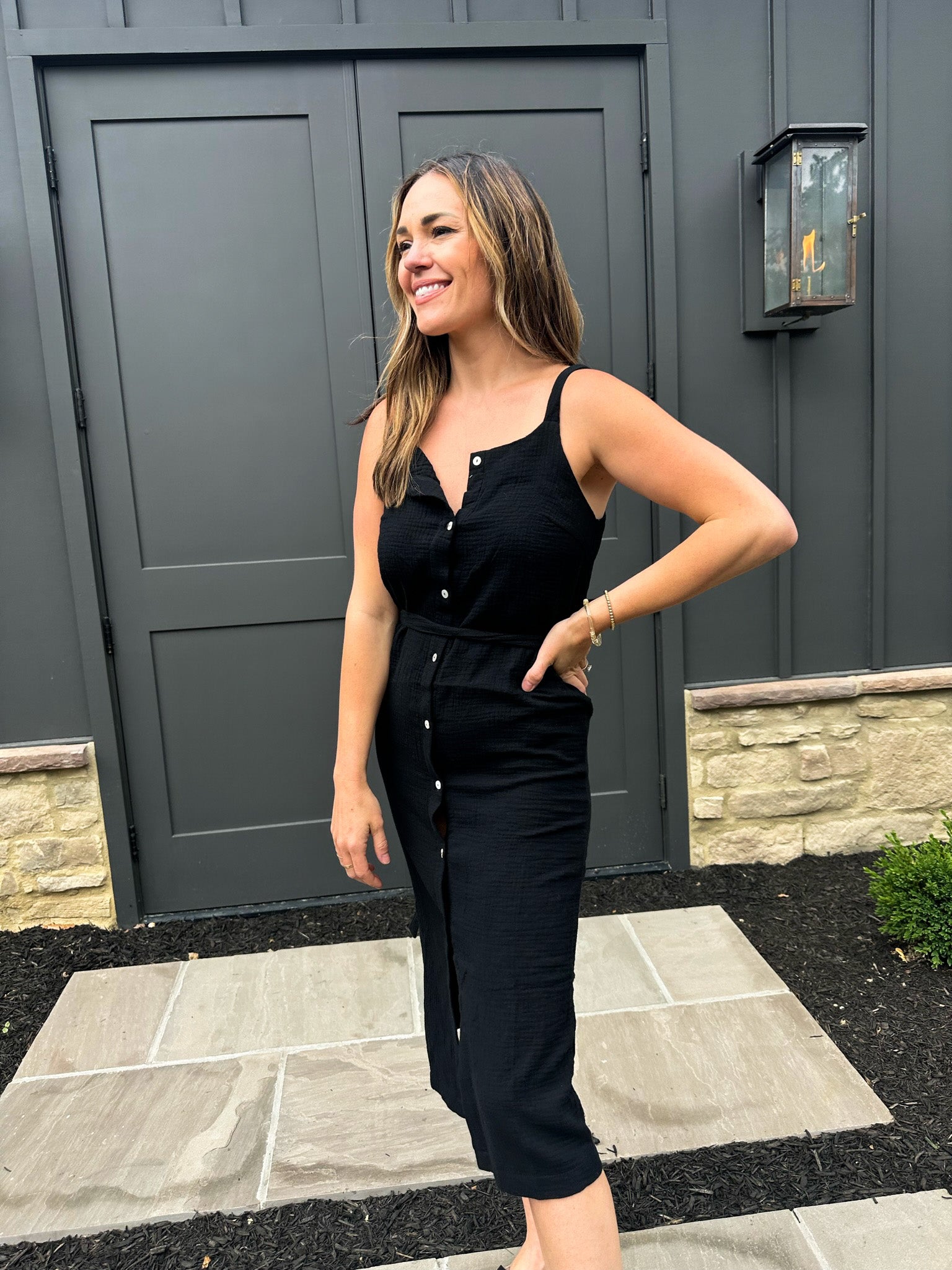 Black Button-Down Gauze Midi Dress