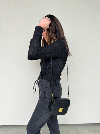 Black/Gold Square Crossbody Bag with Buckle