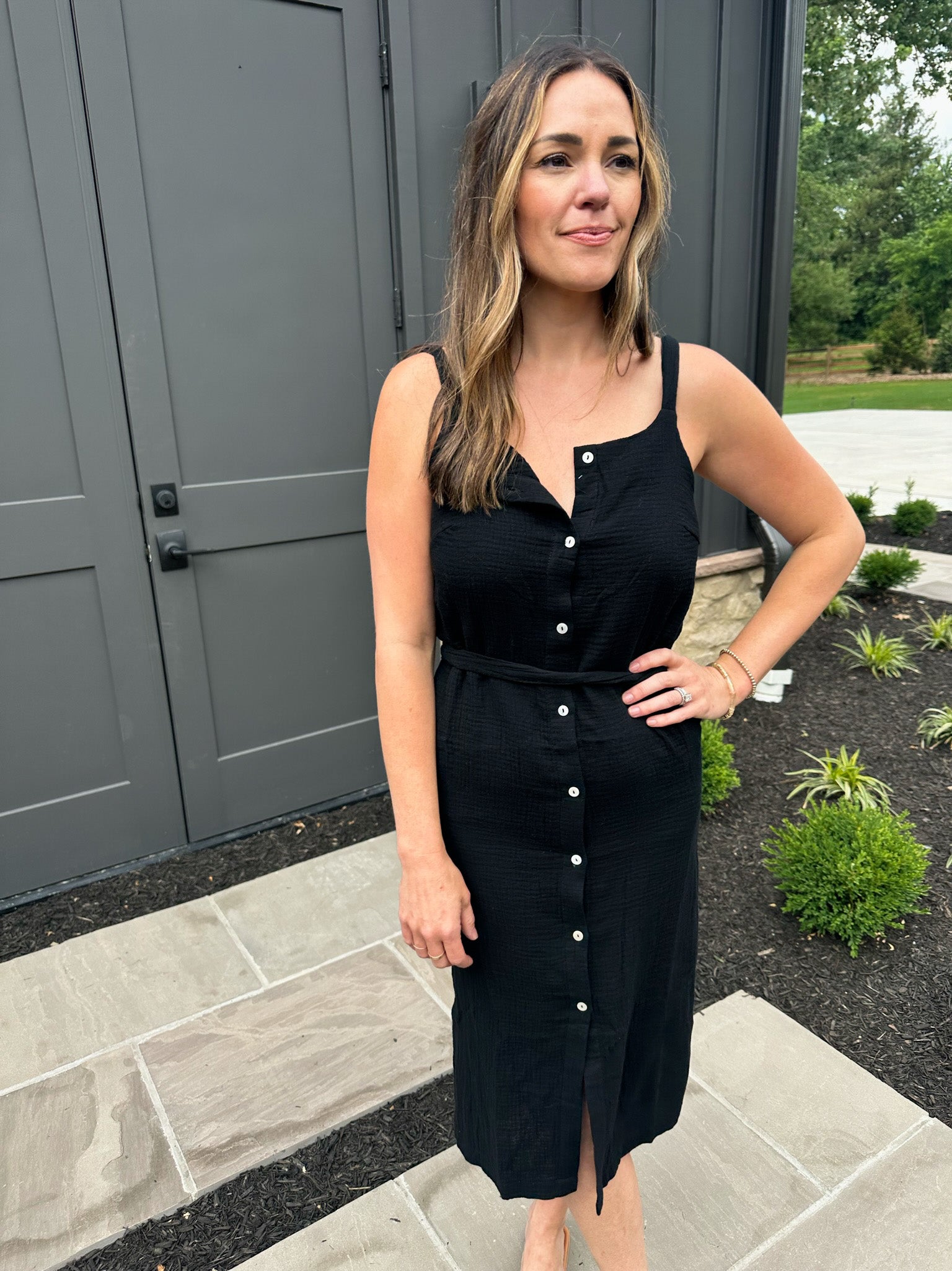 Black Button-Down Gauze Midi Dress