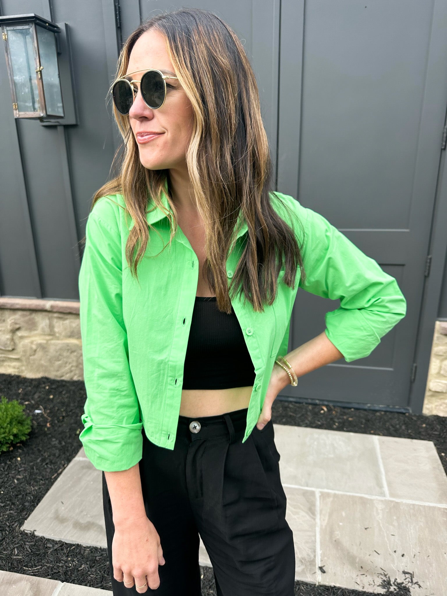Apple Green Cropped Button-Down
