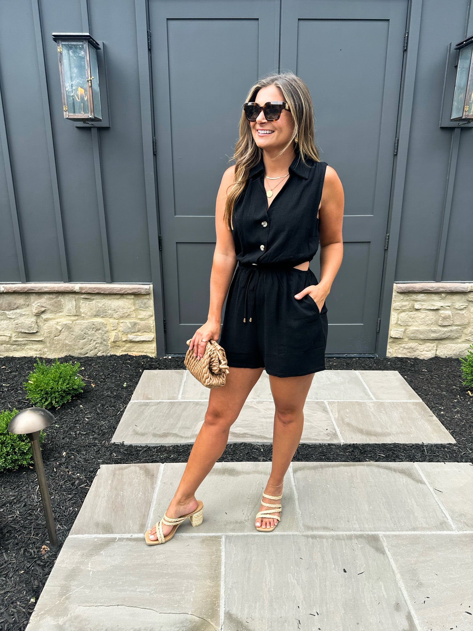 Black Button Front Romper with Side Cutouts