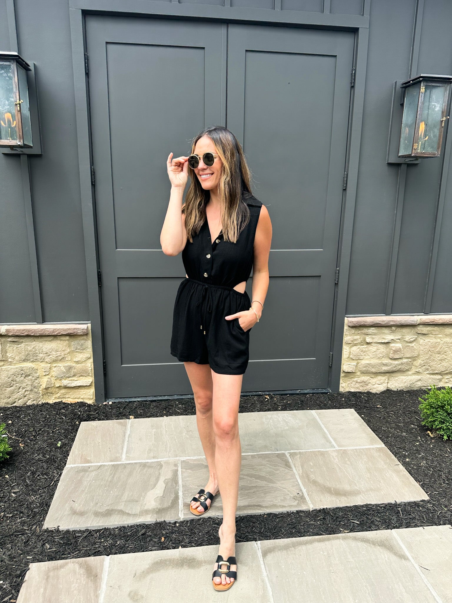 Black Button Front Romper with Side Cutouts