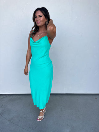 Turquoise Satin Midi Dress