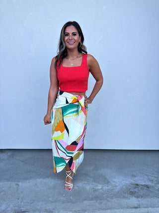 Abstract Colorblock Midi Skirt with Tie