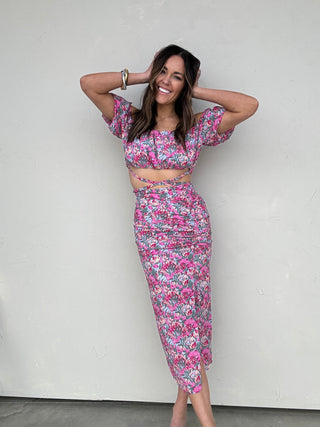 Floral Bubble Sleeve Crop Top and Skirt Set