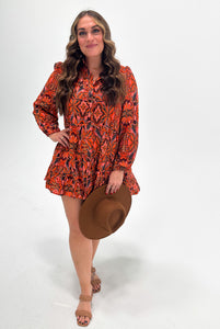 Orange/Brown Patterned Long Sleeve Dress